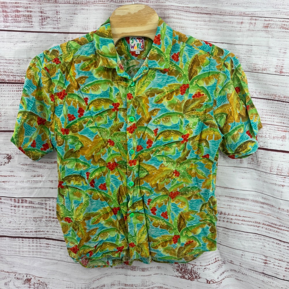Jams World Hawaiian Shirt Mens XL Tropical Palm Leaf Rayon Button‎ Down Vintage